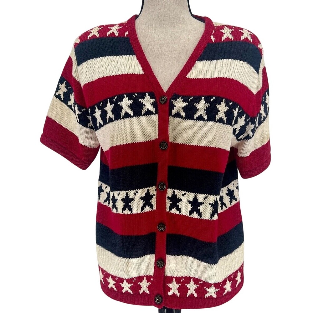 Christopher & Banks Cardigan Size M Vintage Y2K Patriotic Stars Stripes‎ Knit